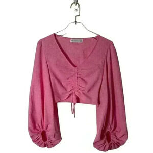 Hello Molly Pink Ruched Balloon Sleeve Crop Top Women’s Medium